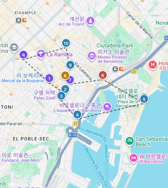 바르셀로나 하루 동선. 보케리아 시장에서 바르셀로네타 해변까지 10곳이 번호와 점선으로 이어진 지도